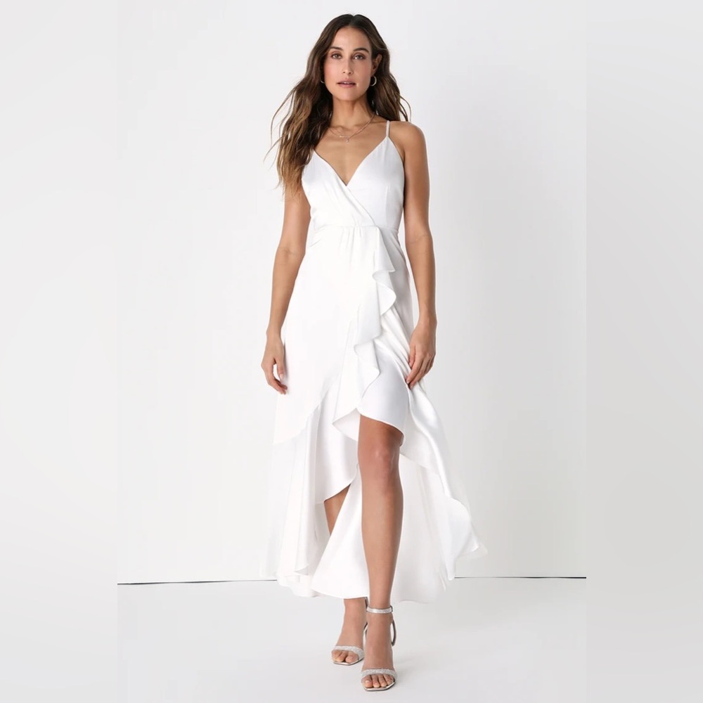 Lulus Enchanted Moments White Satin Ruffled High-Low Dress